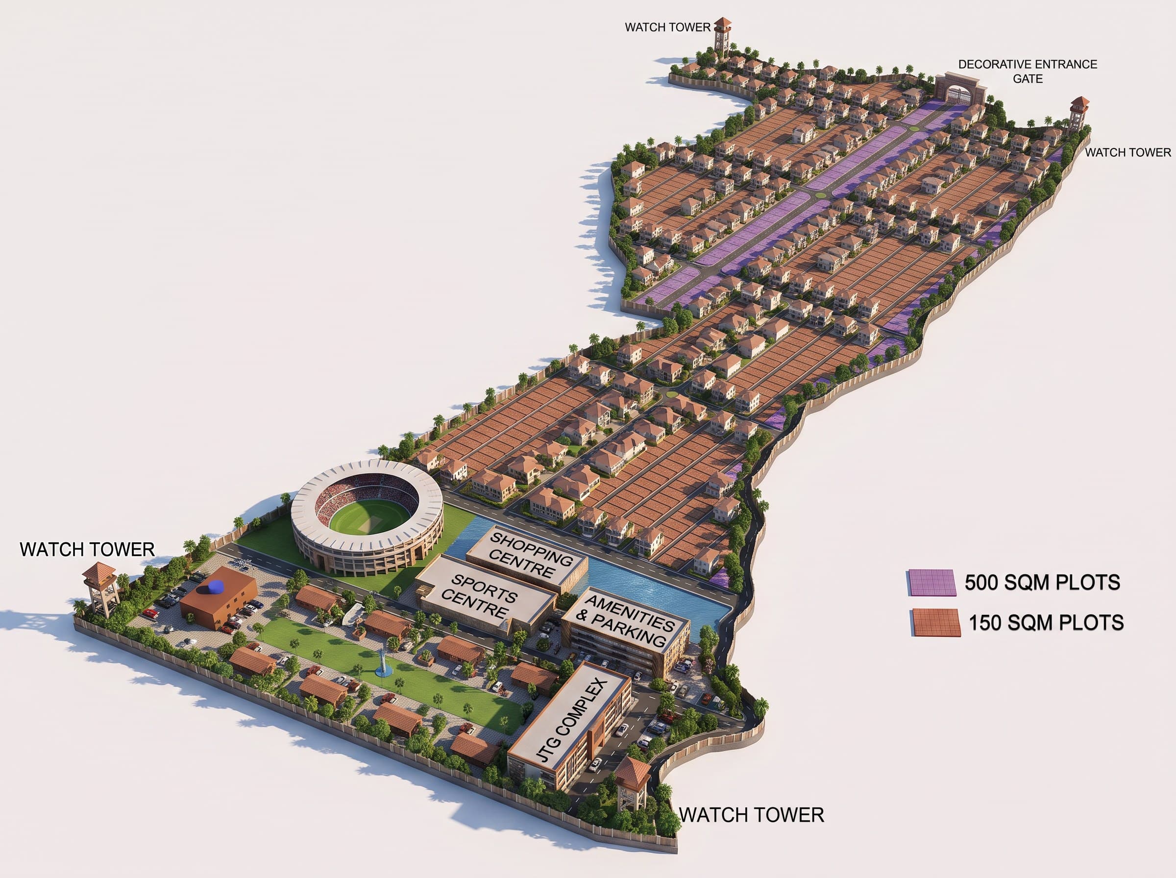 3D layout render of the Eco Living plotted scheme beside JagKalyan Tarak Gurukul