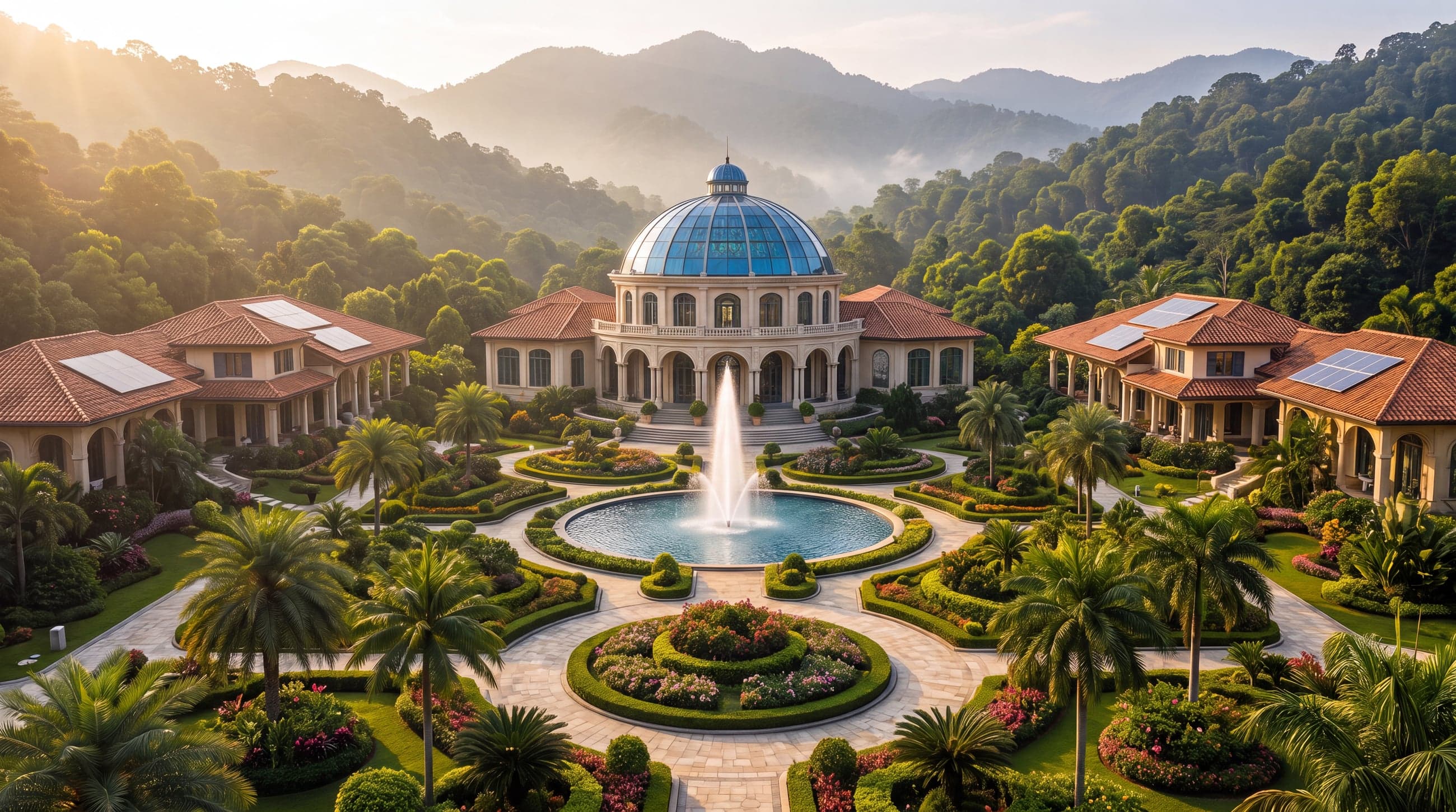 The JagKalyan Tarak Gurukul campus at golden hour: the central domed pavilion and fountain plaza, flanked by terracotta-roofed buildings and framed by forested hills