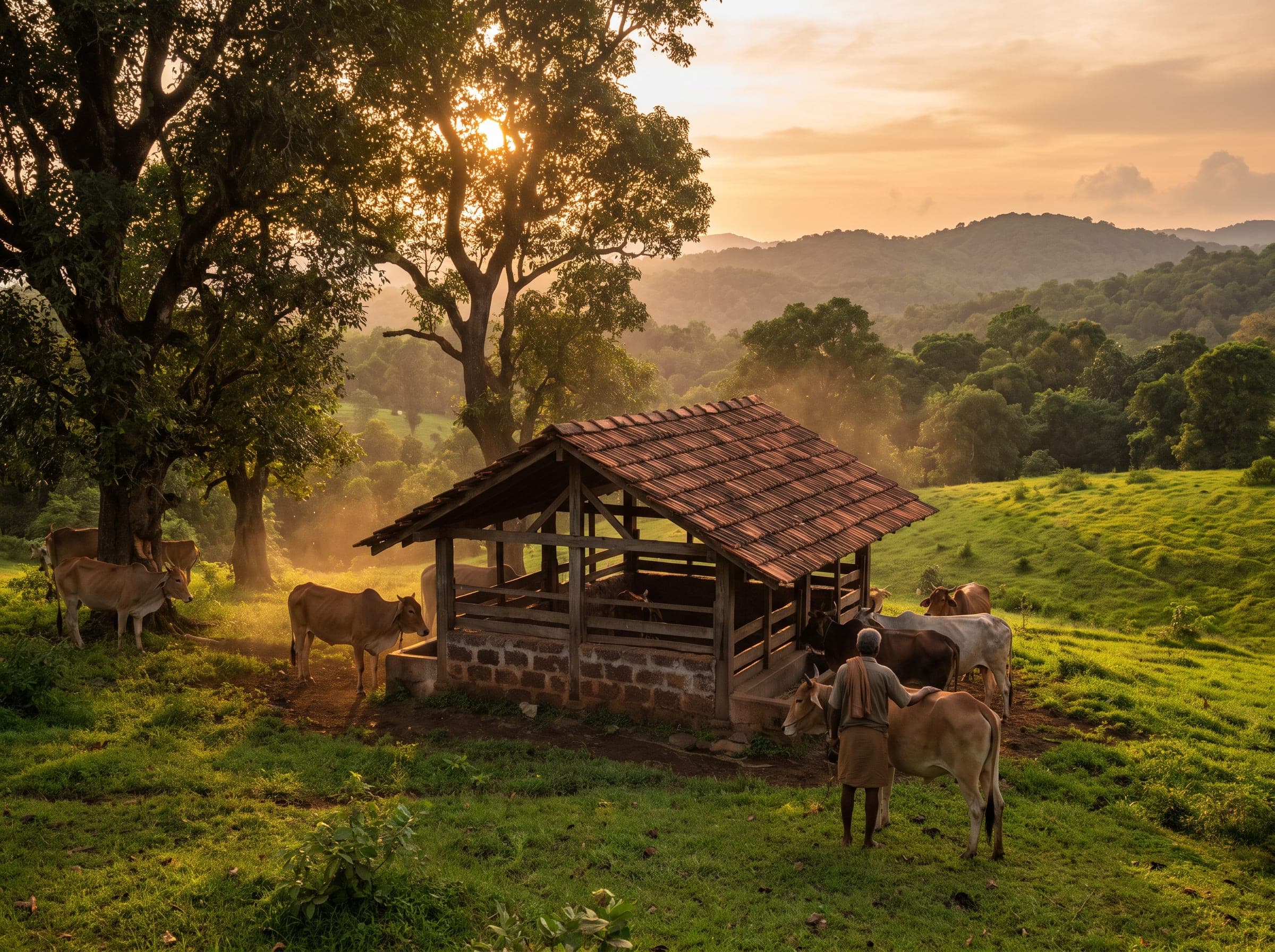 The campus goshala at golden hour