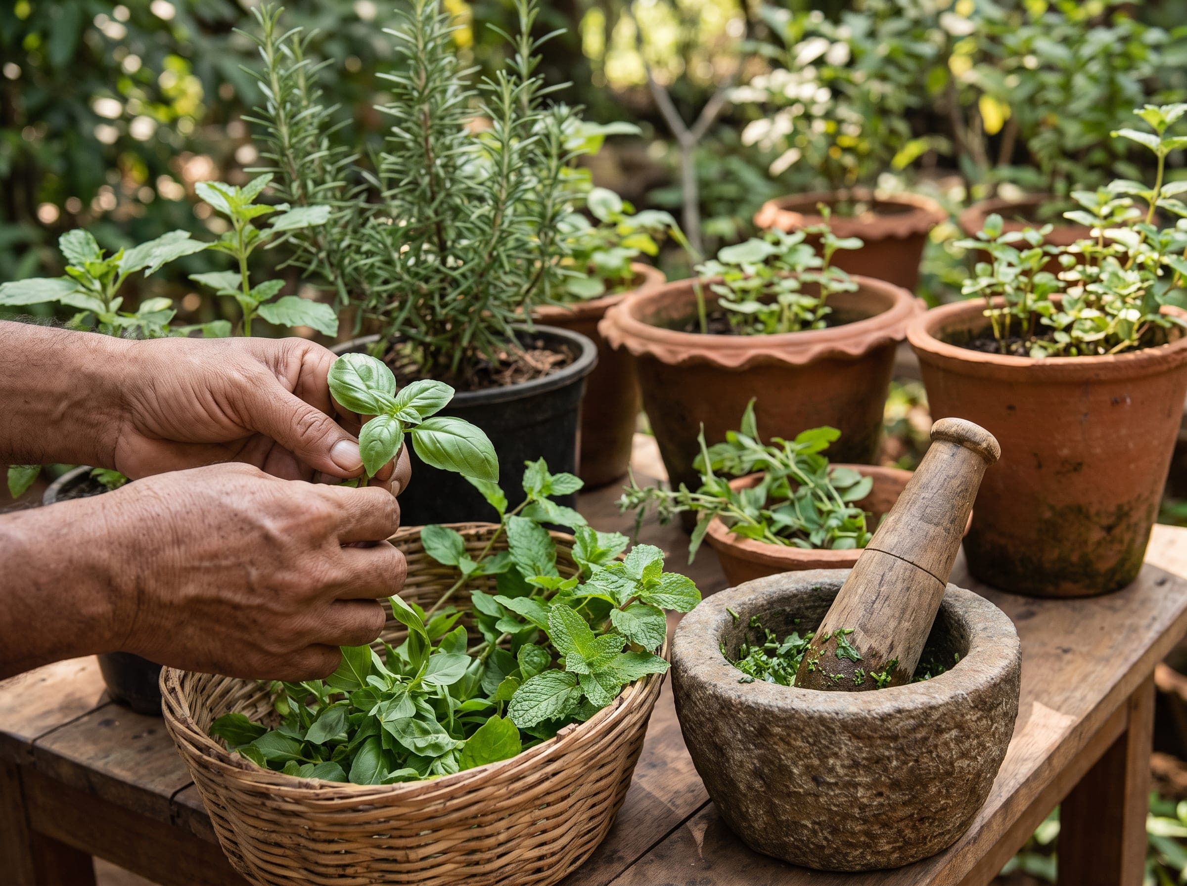 Hands harvesting herbs in the herbal garden
