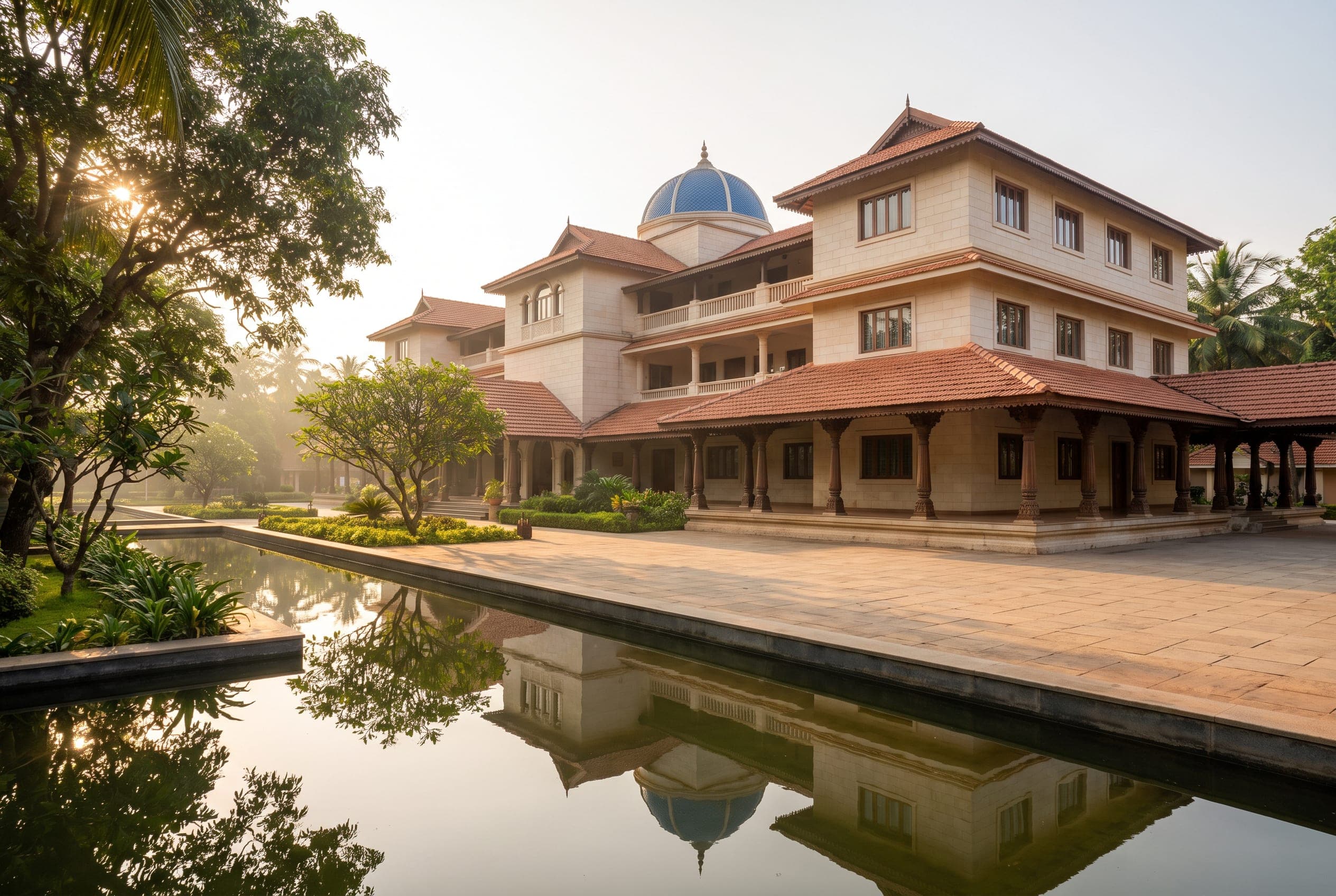 The main campus building of JagKalyan Tarak Gurukul, cream stone with a central blue dome