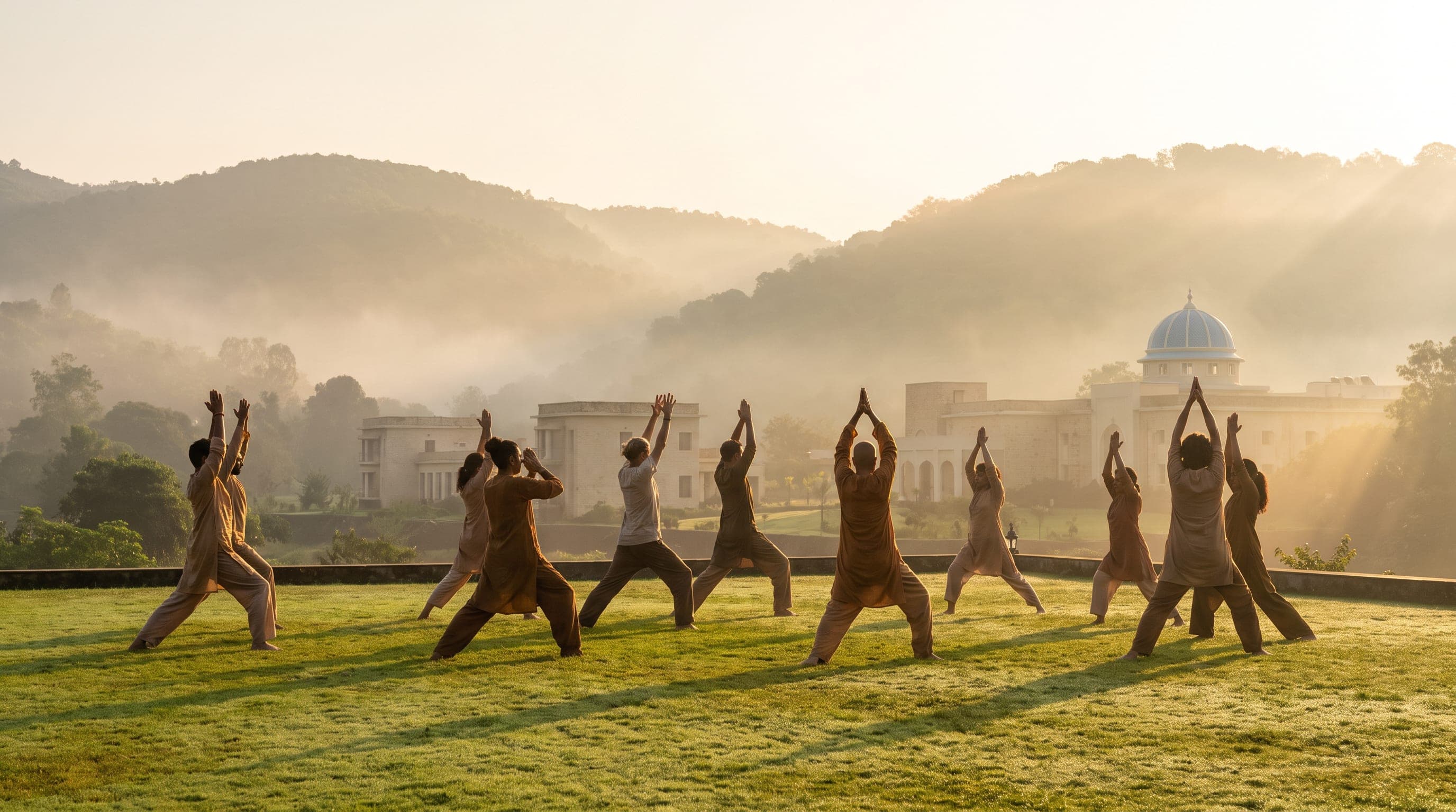 A sunrise yoga session on the lawn